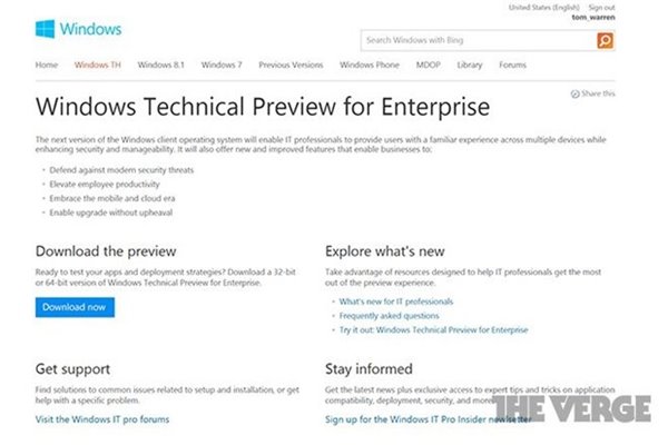 Win9技术预览版网站意外出现，暂用名Windows TH